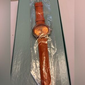 Elegant Rose Gold Chronograph Watch with Orange Leather Strap